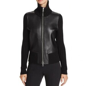Theory Womens Rib Knit Leather Zip Jacket Black Size Petite